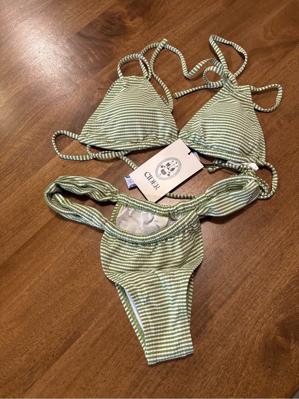 Cider Light Green & White Striped Triangle Bikini